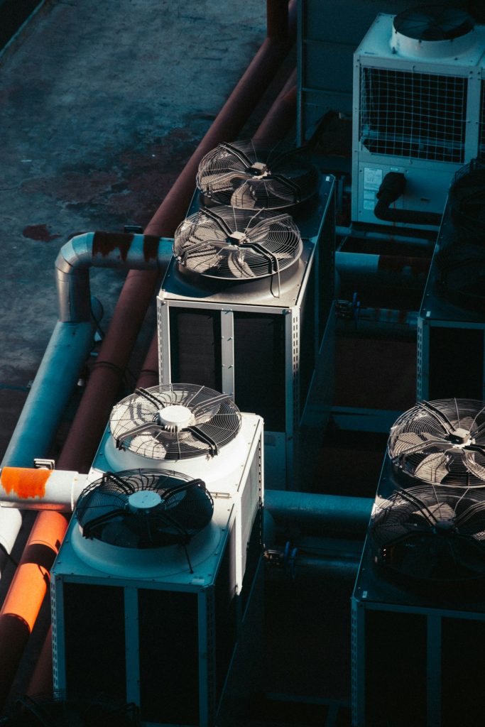 Group of outdoor condenser units with fans